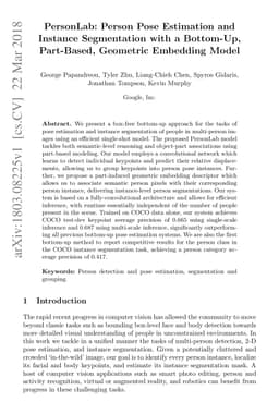 PersonLab: Person Pose Estimation and Instance Segmentation with a
  Bottom-Up, Part-Based, Geometric Embedding Model