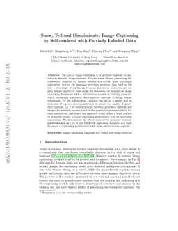 Show, Tell and Discriminate: Image Captioning by Self-retrieval with
  Partially Labeled Data