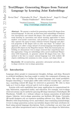 Text2Shape: Generating Shapes from Natural Language by Learning Joint
  Embeddings