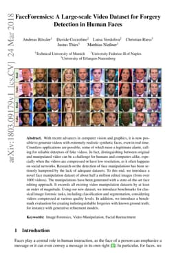 FaceForensics: A Large-scale Video Dataset for Forgery Detection in
  Human Faces