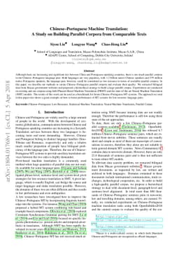 Chinese-Portuguese Machine Translation: A Study on Building Parallel
  Corpora from Comparable Texts
