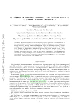 Estimation of geodesic tortuosity and constrictivity in stationary
  random closed sets