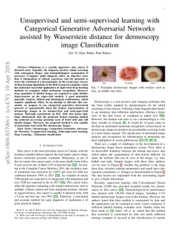 Unsupervised and semi-supervised learning with Categorical Generative
  Adversarial Networks assisted by Wasserstein distance for dermoscopy image
  Classification