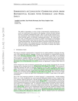 Emergence of Linguistic Communication from Referential Games with
  Symbolic and Pixel Input
