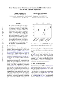 Near Human-Level Performance in Grammatical Error Correction with Hybrid
  Machine Translation