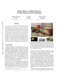 Falling Things: A Synthetic Dataset for 3D Object Detection and Pose
  Estimation