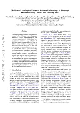 Multi-task Learning for Universal Sentence Embeddings: A Thorough
  Evaluation using Transfer and Auxiliary Tasks