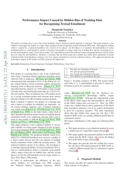 Performance Impact Caused by Hidden Bias of Training Data for
  Recognizing Textual Entailment