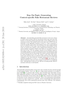 Stay On-Topic: Generating Context-specific Fake Restaurant Reviews