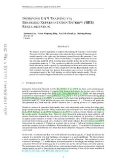 Improving GAN Training via Binarized Representation Entropy (BRE)
  Regularization