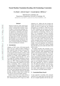 Neural Machine Translation Decoding with Terminology Constraints