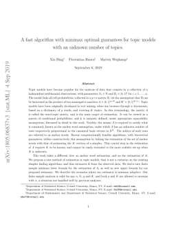 A fast algorithm with minimax optimal guarantees for topic models with
  an unknown number of topics