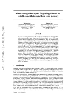 Overcoming catastrophic forgetting problem by weight consolidation and
  long-term memory