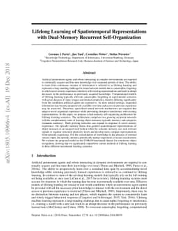 Lifelong Learning of Spatiotemporal Representations with Dual-Memory
  Recurrent Self-Organization