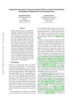 Empirical Evaluation of Character-Based Model on Neural Named-Entity
  Recognition in Indonesian Conversational Texts