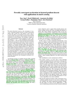 Provably convergent acceleration in factored gradient descent with
  applications in matrix sensing