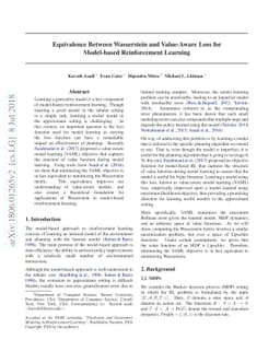 Equivalence Between Wasserstein and Value-Aware Loss for Model-based
  Reinforcement Learning