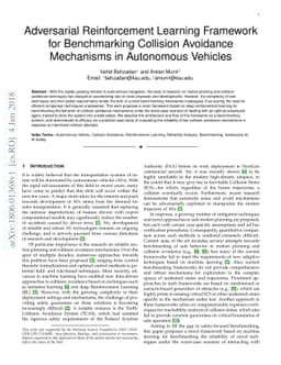 Adversarial Reinforcement Learning Framework for Benchmarking Collision
  Avoidance Mechanisms in Autonomous Vehicles