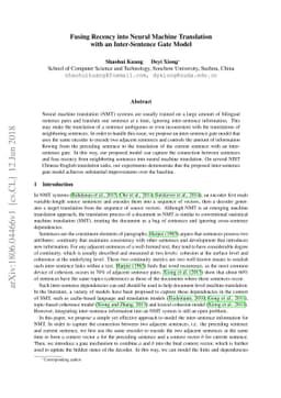Fusing Recency into Neural Machine Translation with an Inter-Sentence
  Gate Model