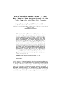 Accurate Detection of Inner Ears in Head CTs Using a Deep
  Volume-to-Volume Regression Network with False Positive Suppression and a
  Shape-Based Constraint