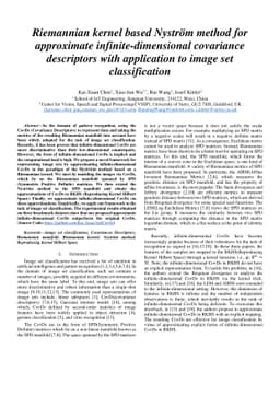 Riemannian kernel based Nyström method for approximate
  infinite-dimensional covariance descriptors with application to image set
  classification