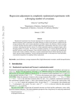 Regression adjustment in completely randomized experiments with a
  diverging number of covariates