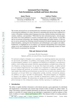 Automated Fact Checking: Task formulations, methods and future
  directions