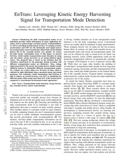 EnTrans:Leveraging Kinetic Energy Harvesting Signal for Transportation
  Mode Detection