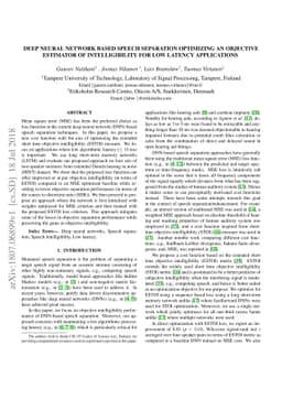 Deep neural network based speech separation optimizing an objective
  estimator of intelligibility for low latency applications
