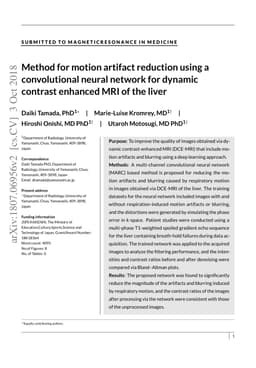 Method for motion artifact reduction using a convolutional neural
  network for dynamic contrast enhanced MRI of the liver