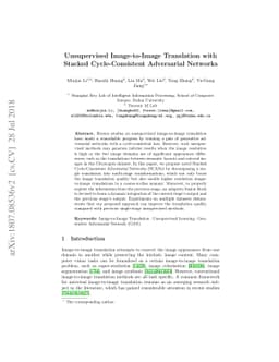 Unsupervised Image-to-Image Translation with Stacked Cycle-Consistent
  Adversarial Networks