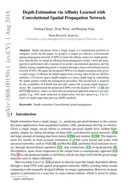 Depth Estimation via Affinity Learned with Convolutional Spatial
  Propagation Network