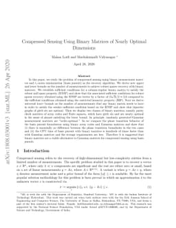 Compressed Sensing Using Binary Matrices of Nearly Optimal Dimensions