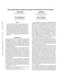 Disentangled Representation Learning for Non-Parallel Text Style
  Transfer