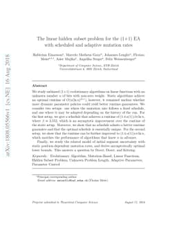 The linear hidden subset problem for the (1+1) EA with scheduled and
  adaptive mutation rates
