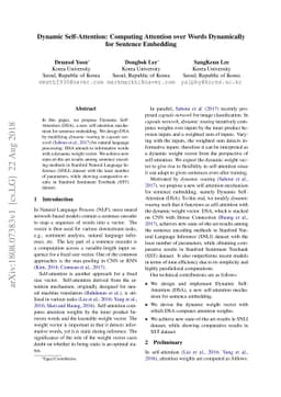 Dynamic Self-Attention : Computing Attention over Words Dynamically for
  Sentence Embedding