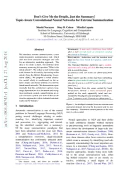 Don't Give Me the Details, Just the Summary! Topic-Aware Convolutional
  Neural Networks for Extreme Summarization