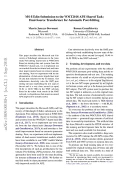 MS-UEdin Submission to the WMT2018 APE Shared Task: Dual-Source
  Transformer for Automatic Post-Editing