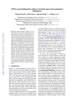 RNNs as psycholinguistic subjects: Syntactic state and grammatical
  dependency