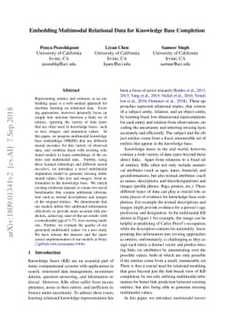 Embedding Multimodal Relational Data for Knowledge Base Completion