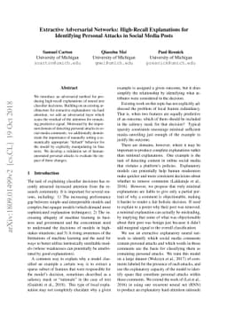 Extractive Adversarial Networks: High-Recall Explanations for
  Identifying Personal Attacks in Social Media Posts