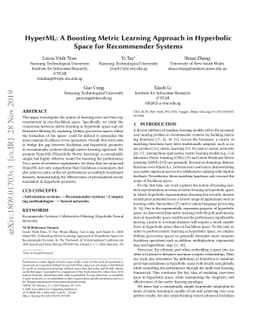 HyperML: A Boosting Metric Learning Approach in Hyperbolic Space for
  Recommender Systems