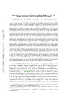 Distance preserving model order reduction of graph-Laplacians and
  cluster analysis