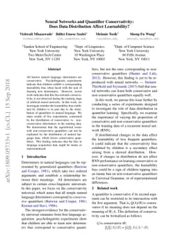 Neural Networks and Quantifier Conservativity: Does Data Distribution
  Affect Learnability?