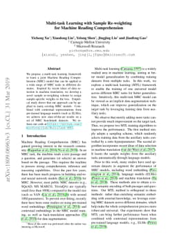 Multi-task Learning with Sample Re-weighting for Machine Reading
  Comprehension