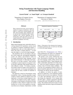 String Transduction with Target Language Models and Insertion Handling