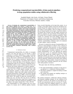 Predicting computational reproducibility of data analysis pipelines in
  large population studies using collaborative filtering
