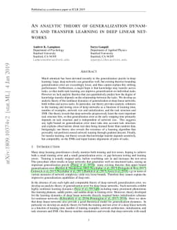 An analytic theory of generalization dynamics and transfer learning in
  deep linear networks