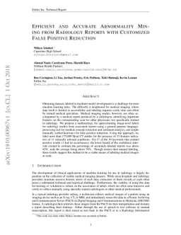 Efficient and Accurate Abnormality Mining from Radiology Reports with
  Customized False Positive Reduction