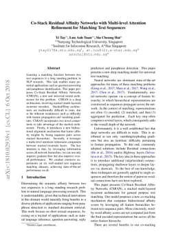 Co-Stack Residual Affinity Networks with Multi-level Attention
  Refinement for Matching Text Sequences
